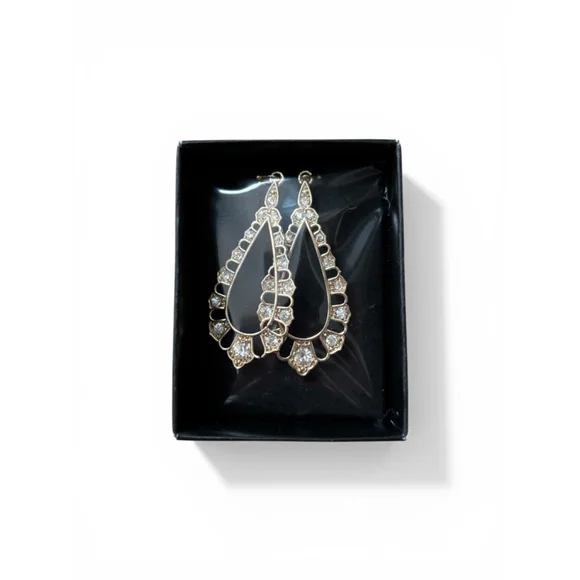 Gold Tone Rhinestone Teardrop Dangle Earrings Elegant Statement Jewelry - Picture 3 of 3